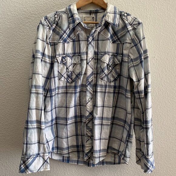 Buckle BKE Slim Fit Plaid Western Stitched Snap Button Shirt Men's Large - Picture 1 of 3